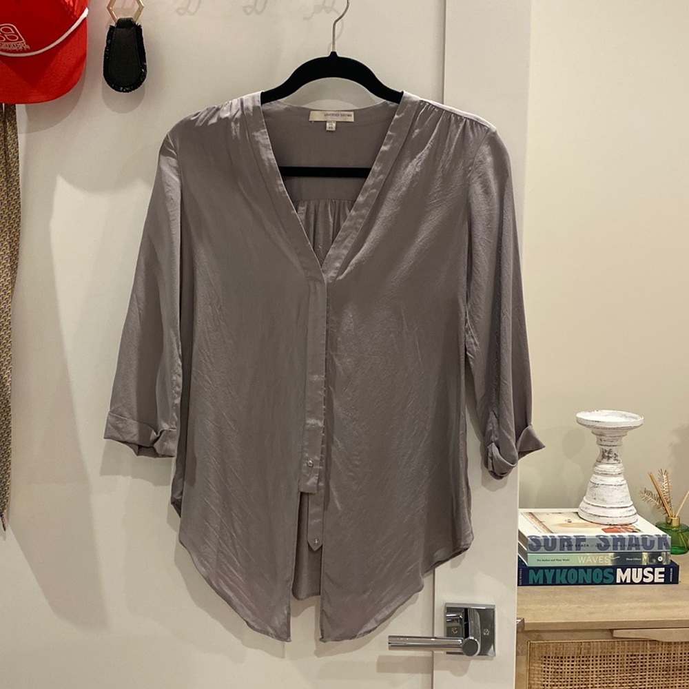 Lavender Brown; silver/gray button down blouse